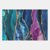 パープル、ティール(緑がかった色)&ブルー&金ゴールドグリッターピーコックアゲート ラッピングペーパーシート (正面2)