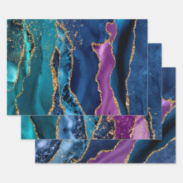 パープル、ティール（緑がかった色）&ブルー&金ゴールドグリッターピーコックアゲート ラッピングペーパーシート