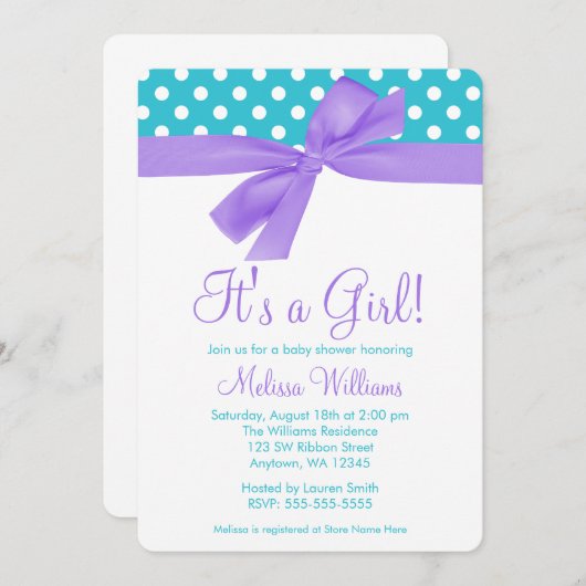 パープル&ティール（緑がかった色）ボウフェイク水玉模様ベビーシャワー 招待状 (正面/裏面)