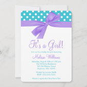 パープル&ティール（緑がかった色）ボウフェイク水玉模様ベビーシャワー 招待状 (正面)