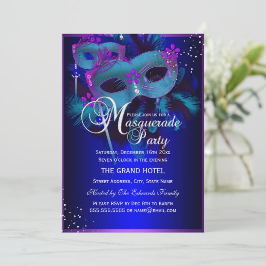 パープル&ティール(緑がかった色)マスクマスカレードパーティー招待状 招待状 (スタンド正面)