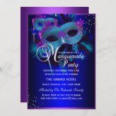 パープル&ティール（緑がかった色）マスクマスカレードパーティー招待状 招待状 (正面/裏面)