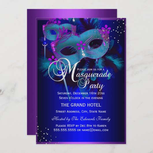 パープル&ティール（緑がかった色）マスクマスカレードパーティー招待状 招待状 (正面/裏面)