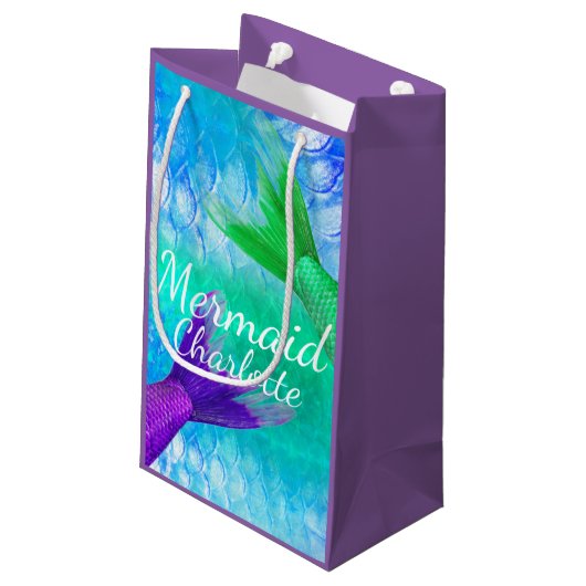 パープル&ティール（緑がかった色）マーメイドテイルはかりで測とファーストネーム スモールペーパーバッグ (裏面アングル)