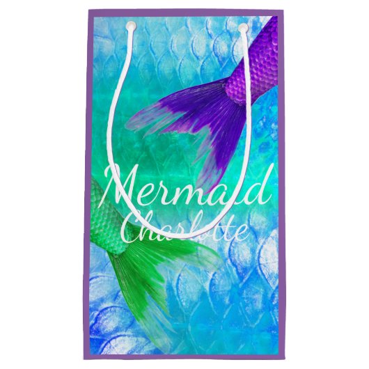 パープル&ティール（緑がかった色）マーメイドテイルはかりで測とファーストネーム スモールペーパーバッグ (正面)