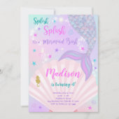 パープル&ティール(緑がかった色)マーメイドテール誕生日招待状 招待状 (正面)