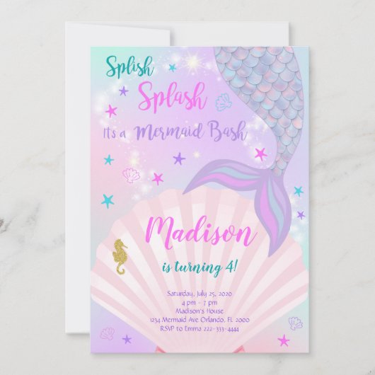 パープル&ティール(緑がかった色)マーメイドテール誕生日招待状 招待状 (正面)