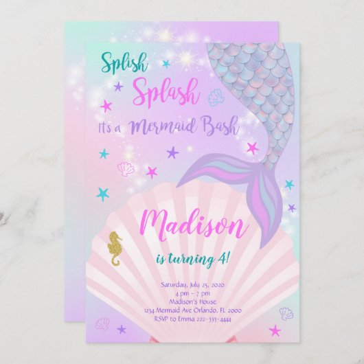 パープル&ティール(緑がかった色)マーメイドテール誕生日招待状 招待状 (正面/裏面)