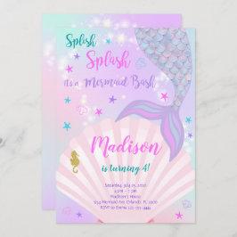 パープル&ティール(緑がかった色)マーメイドテール誕生日招待状 招待状