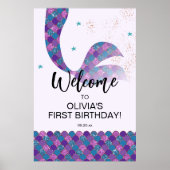 パープル&ティール(緑がかった色)マーメイド誕生日ウェルカムサイン ポスター (正面)