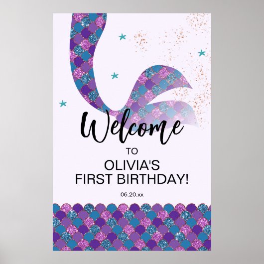 パープル&ティール（緑がかった色）マーメイド誕生日ウェルカムサイン ポスター (正面)