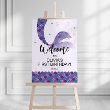 パープル&ティール（緑がかった色）マーメイド誕生日ウェルカムサイン