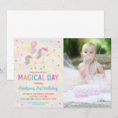 パープル&ティール（緑がかった色）ユニコーン誕生日招待状 招待状 (正面/裏面)