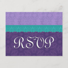 パープル&ティール(緑がかった色)レースRSVP結婚の応答3B 出欠カード
