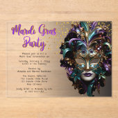 パープル |ティール(緑がかった色)仮装マスクマルディグラスパーティー アクリル招待状 (正面)