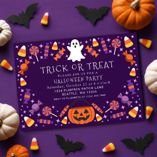 パープル・トリック・オア・トリート・キャンディ・キッズ・ハロウィンパーティー 招待状
