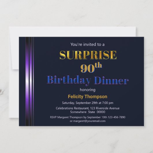 パープル&ネイビーブルーサプライズ90th誕生日ディナー 招待状 (正面)