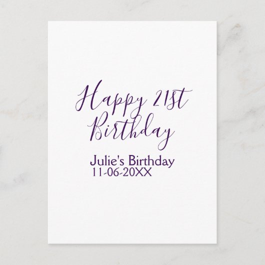 パープル ハッピー 21歳の誕生日 名前 日付 キーチェーン ポストカード (正面)