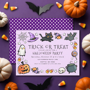 パープル ハロウィン お菓子をくれなきゃイタズラ キッズ クレヨン パーティー 招待状