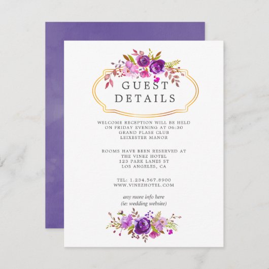 パープル&バイオレットフローラ結婚ズゲスト詳細 エンクロージャーカード (正面/裏面)