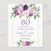 パープル | バイオレット フローラル 80歳の誕生日招待状 (正面)