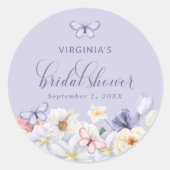 パープル バタフライ ブライダル シャワー スティッカー ラウンドシール (正面)