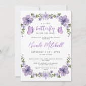 パープル バタフライ 水彩 フラワー ベイビー ショー 招待状 (正面)