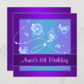 パープル バタフライ 8歳の誕生日パーティー招待状 8歳 招待状 (正面/裏面)