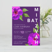 パープル バット ミッツヴァ ピンク フラワーミズマス モダン 招待状 (スタンド正面)