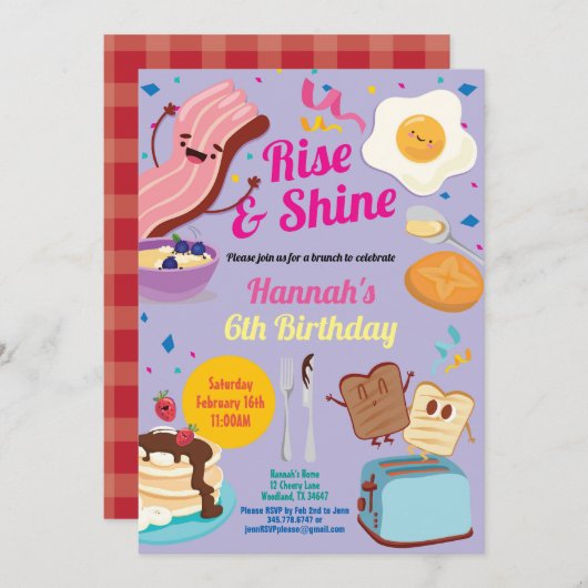 パープル·バースデー·ブランチの招待状。立ち上がって輝く 招待状 (正面/裏面)