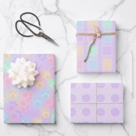 パープル&パステル色の復活祭バニーポーズ ラッピングペーパーシート (正面)