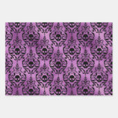 パープル パープル バットとスカル ハロウィーン ダマスク ラッピングペーパーシート (正面3)