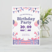 パープル&ピンクかわいい誕生日パーティの招待状 招待状 (スタンド正面)