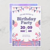 パープル&ピンクかわいい誕生日パーティの招待状 招待状 (正面/裏面)