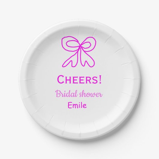 パープル ピンクの弓 ブライダルシャワー 名前を追加 ペーパープレート (正面)