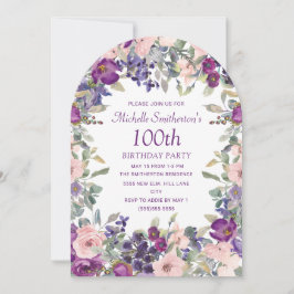 パープル+ピンクの花嫁花輪100歳の誕生日 招待状