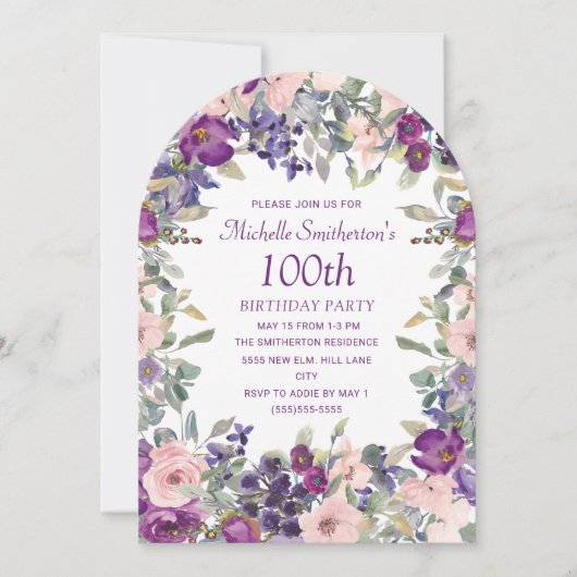 パープル+ピンクの花嫁花輪100歳の誕生日 招待状 (正面)
