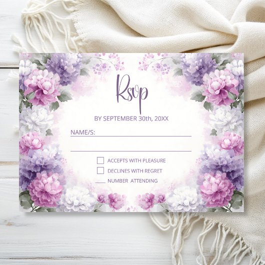 パープル+ピンクの花柄の結婚式RSVP 出欠カード
