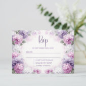 パープル+ピンクの花柄の結婚式RSVP 出欠カード (スタンド正面)
