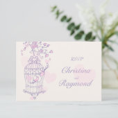 パープル&ピンクの鳥オープンケージ結婚式RSVP 出欠カード (スタンド正面)