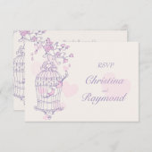 パープル&ピンクの鳥オープンケージ結婚式RSVP 出欠カード (正面/裏面)