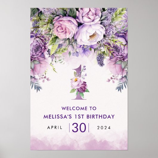 パープル&ピンクガーデン花ガールガール1st誕生日 ポスター (正面)