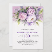 パープル&ピンクガーデン花ガールガール1st誕生日 招待状 (正面)