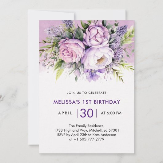 パープル&ピンクガーデン花ガールガール1st誕生日 招待状 (正面)