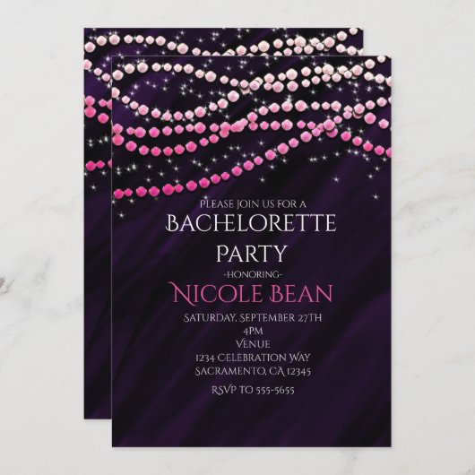 パープル&ピンクグラマースパークルパーティの招待状 招待状 (正面/裏面)