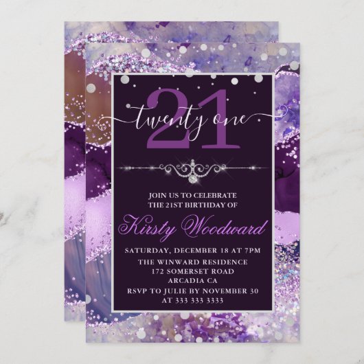 パープル&ピンクグリッターアゲート誕生日招待状 招待状 (正面/裏面)