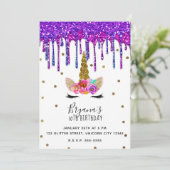 パープル&ピンクグリッタードリップユニコーン誕生日パーティー 招待状 (スタンド正面)