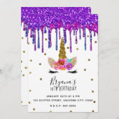 パープル&ピンクグリッタードリップユニコーン誕生日パーティー 招待状 (正面/裏面)