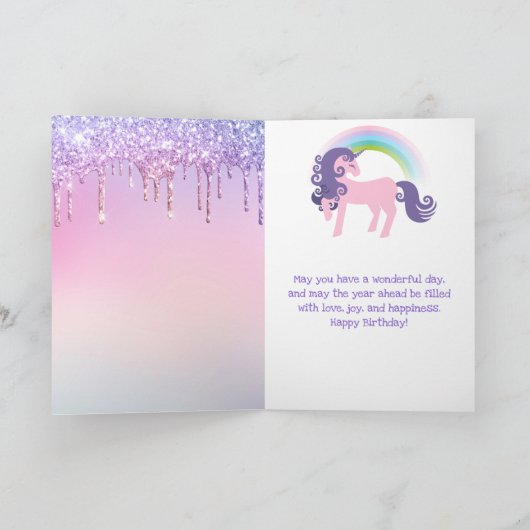 パープル&ピンクグリッターユニコーンスイーツ誕生日 カード (内部)