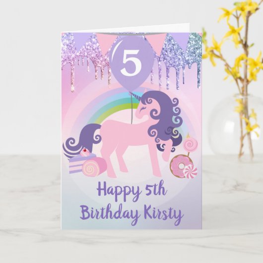 パープル&ピンクグリッターユニコーンスイーツ誕生日 カード (黄色い花)